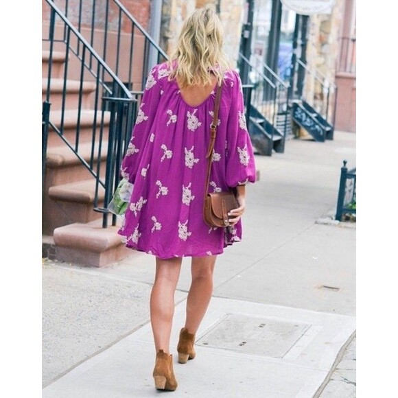 Free People Emma Austin Embroidered Tunic Dress Size MED Fuchsia Floral Boho - Picture 4 of 16